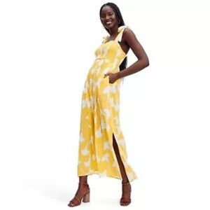 Diane Von Furstenberg Target Gingko Smocked Tie Strap Midi Dress Slit Yellow XXS